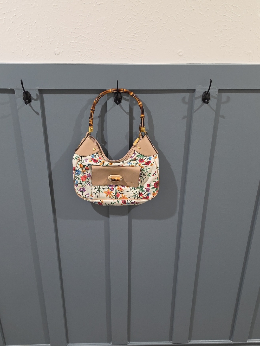 Floral Print Shoulder Bag with Bamboo Handle - Beige Accents